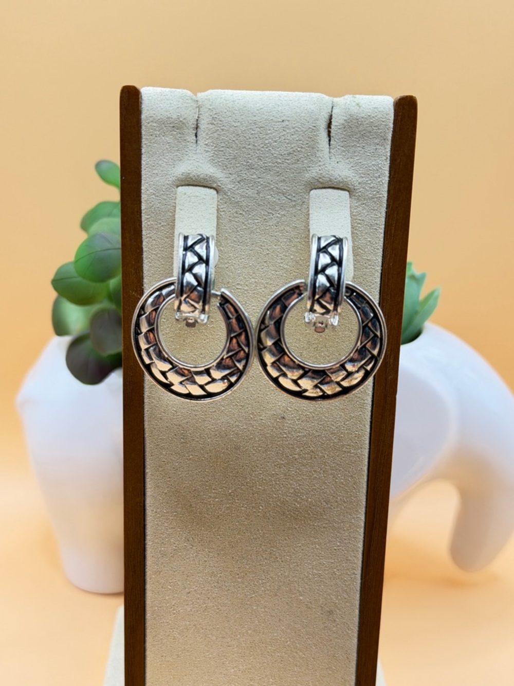 Silver tone Textured Hoop Drop clip on Earrings - Silver